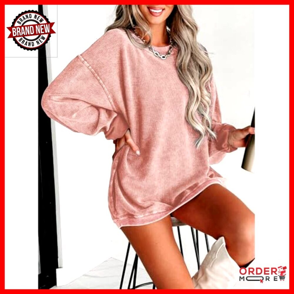 Oversized Corduroy Crewneck Sweatshirt Long Sleeve Pullover Top - Picture 3 of 7